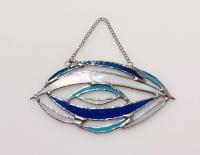 Stained Glass Abstract Suncatcher / Beachy Abstract in Blues and Iridescent White