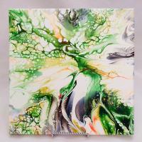 Green, Orange, and White Abstract Original Acrylic Pour Painting, 12" x 12", Fluid Art Painting