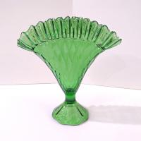 Vintage Green Glass Ruffled Diamond Point Fan Vase, Made in Italy