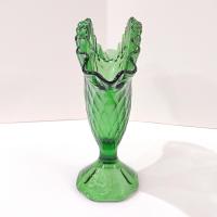Vintage Green Glass Ruffled Diamond Point Fan Vase, Made in Italy
