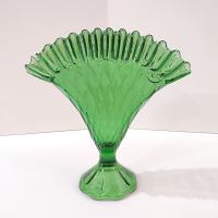 Vintage Green Glass Ruffled Diamond Point Fan Vase, Made in Italy