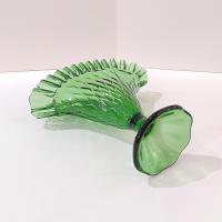 Vintage Green Glass Ruffled Diamond Point Fan Vase, Made in Italy