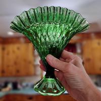 Vintage Green Glass Ruffled Diamond Point Fan Vase, Made in Italy