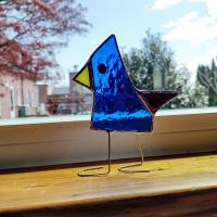 Stained Glass Standing Bird, Funky Glass Blue Bird Suncatcher