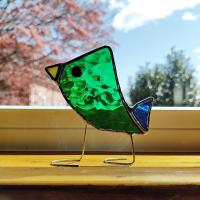 Stained Glass Standing Bird, Funky Green Glass Bird Suncatcher
