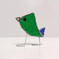 Stained Glass Standing Bird, Funky Green Glass Bird Suncatcher