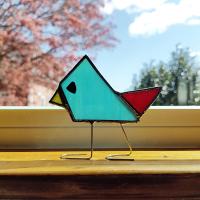 Stained Glass Standing Bird, Funky Turquoise Blue Bird Glass Suncatcher