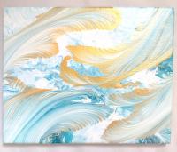Blue and Gold Feathers Abstract Original Acrylic Pour Painting, 8" x 10", Fluid Art Painting