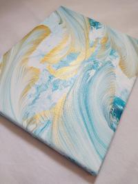 Blue and Gold Feathers Abstract Original Acrylic Pour Painting, 8" x 10", Fluid Art Painting