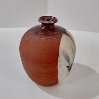 Vintage Small Terra Cotta Bud Vase with Blue and White Fern Plant Design, Hand Crafted Studio Pottery