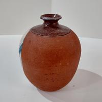 Vintage Small Terra Cotta Bud Vase with Blue and White Fern Plant Design, Hand Crafted Studio Pottery