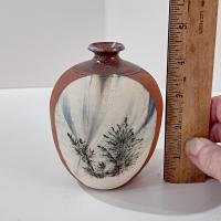 Vintage Small Terra Cotta Bud Vase with Blue and White Fern Plant Design, Hand Crafted Studio Pottery