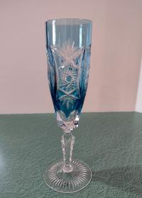 Vintage Crystal Champagne Flute, Nachtmann Traube Pattern, Aqua Blue Cut to Clear Crystal Glass