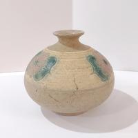 Vintage Studio Art Pottery Floral Ceramic Seed Pot Bud Vase, Pink and Green Flower Vase