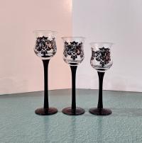 Partylite Forbidden Trio P91307 Stemmed Black Damask Votive Candle Holders, Set of Three, Discontinued Partylite Pattern
