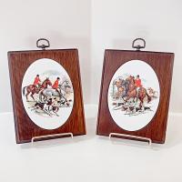 Vintage Horses and Hounds Fox Hunt Ceramic and Wood Plaques, Set of 2, 1970's Retro Wall Hanging Decor