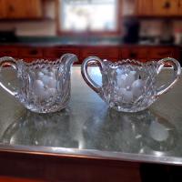 Vintage EAPG Etched Floral Design Open Sugar Bowl And Creamer Set