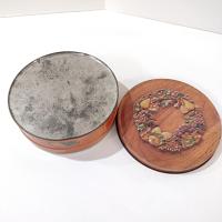 Vintage Faux Wood Grain and Pears Fruit Ring Round Tin, MCM Fall Kitchen Storage Tin, Retro Trinket Sewing Notion Gift Tin Box