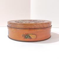 Vintage Faux Wood Grain and Pears Fruit Ring Round Tin, MCM Fall Kitchen Storage Tin, Retro Trinket Sewing Notion Gift Tin Box