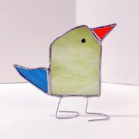 Stained Glass Standing Bird, Funky Green and Blue Glass Bird Suncatcher, Bird Lover Gift, Windowsill Sitter