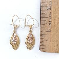 Vintage 22K Gold Filagree Sunburst Dangle Drop Earrings with Heart Accents