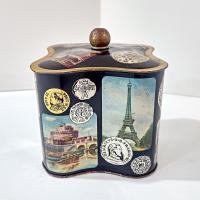 Vintage West Germany Biscuit Tin: World Monuments Design, Decorative Clover Shaped Metal Storage Container Box