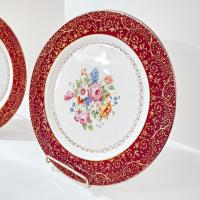 Vintage Southern Potteries Inc Royal Rajah Maroon Floral 22K Gold Dinner Plates, Set of 2