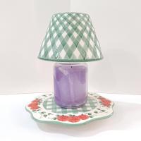 Vintage Green Gingham Plaid and Pumpkin Ceramic Jar Candle Shade and Plate Set, Fall Large Candle Topper