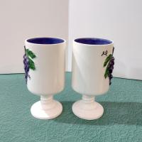 Vintage Hand Painted Ceramic Grape Cluster Goblets, Set of Two, Grape Wine Glasses Chalices