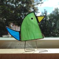 Stained Glass Standing Bird, Funky Green and Blue Glass Bird Suncatcher, Bird Lover Gift, Windowsill Sitter