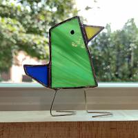 Stained Glass Standing Bird, Funky Green and Blue Glass Bird Suncatcher, Bird Lover Gift, Windowsill Sitter