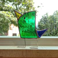 Stained Glass Standing Bird, Funky Green and Blue Glass Bird Suncatcher, Bird Lover Gift, Windowsill Sitter