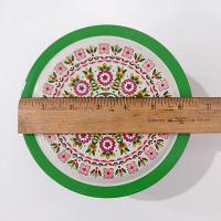 Vintage Green and Pink Mosaic Mandala Flowers Round Metal Tin Storage Container, Brazilian Floral Gift Tin