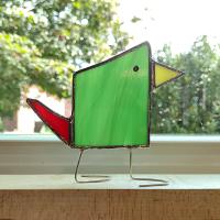 Stained Glass Standing Bird, Funky Green and Red Glass Bird Suncatcher, Bird Lover Gift, Windowsill Sitter