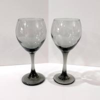 Vintage Smoky Gray Wine Glasses, Set of Two, Large 12 Ounce Wine Goblets, Hand Blown Burgundy Wine Glasses