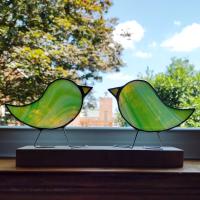 Green Swirled Stained Glass Free Standing Birds, Set of Two