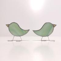 Green Swirled Stained Glass Free Standing Birds, Set of Two