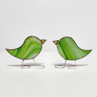 Green Swirled Stained Glass Free Standing Birds, Set of Two