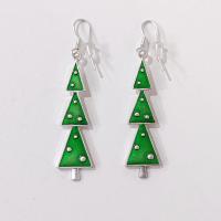 Vintage Green and Silver Enamel Christmas Tree Drop Dangle Earrings, Holiday Jewelry