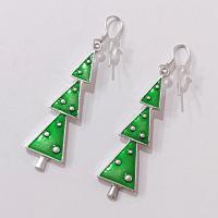 Vintage Green and Silver Enamel Christmas Tree Drop Dangle Earrings, Holiday Jewelry