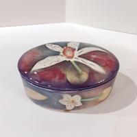 Vintage Signed Harris Cies Covered Ceramic Trinket Jewelry Dish with Floral Design, Post Modern Studio Pottery