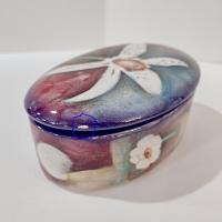 Vintage Signed Harris Cies Covered Ceramic Trinket Jewelry Dish with Floral Design, Post Modern Studio Pottery