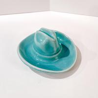 Vintage Bauer Pottery Ceramic Cowboy Hat Ashtray, Aqua Blue Trinket Ring Dish