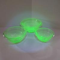 Vintage Uranium Glass Mixing Bowl Set of Three, Bartlett Collins BTC Ribbed Panel Green Depression Glass Bowls