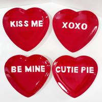 Vintage Red Heart Valentines Day Gift Appetizer Plates, Set of Four, Conversation Heart Plates