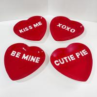Vintage Red Heart Valentines Day Gift Appetizer Plates, Set of Four, Conversation Heart Plates