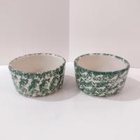 Vintage Green Spongeware 5 Inch Bowls, Set of Two, Ceramic Butter Tub, Workshops of Gerald E Henn Pottery, Roseville Spongeware Pottery
