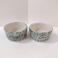 Vintage Green Spongeware 5 Inch Bowls, Set of Two, Ceramic Butter Tub, Workshops of Gerald E Henn Pottery, Roseville Spongeware Pottery