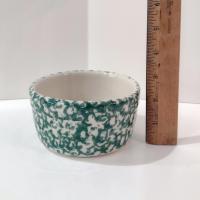 Vintage Green Spongeware 5 Inch Bowls, Set of Two, Ceramic Butter Tub, Workshops of Gerald E Henn Pottery, Roseville Spongeware Pottery