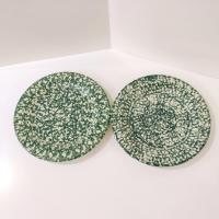 Vintage Green Spongeware Ceramic Dinner Plates, Set of Two, Workshops of Gerald E Henn Pottery